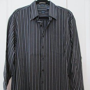 Van Heusen No Iron Button Up Long Sleeve Black Strip Shirt XL 23.5" Sleeves